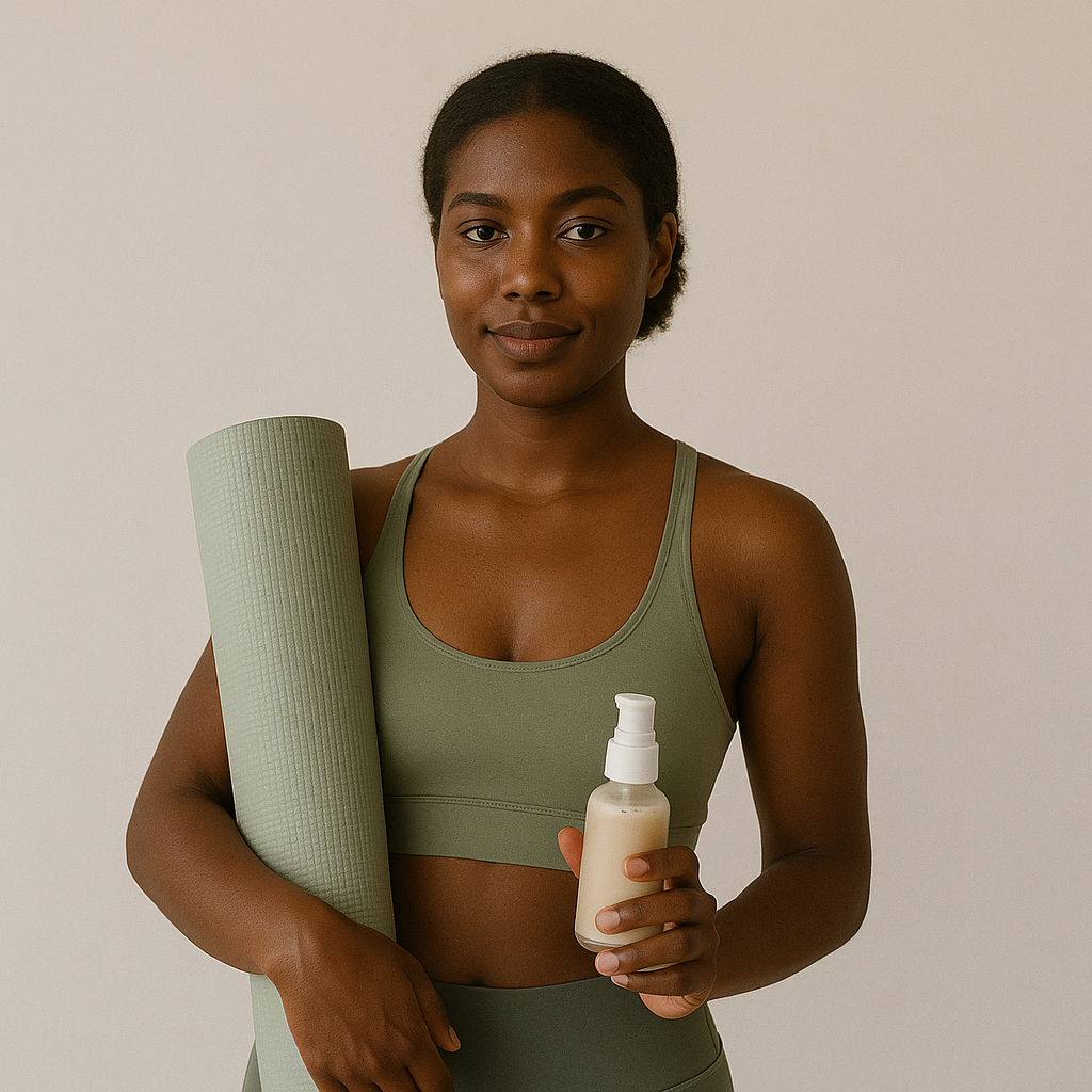 Woman holding a yoga mat and a bottle of lotion against a beige background